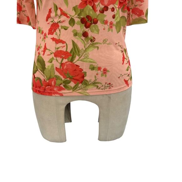 Anthropologie Half-Sleeve Mesh Top Tee Floral Print Peach Pink Red Size Small - Picture 5 of 12